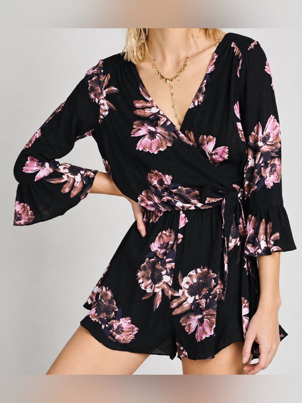 Free People Floral Black and Pink Romper Bell Sleeve Tie Waist Size S